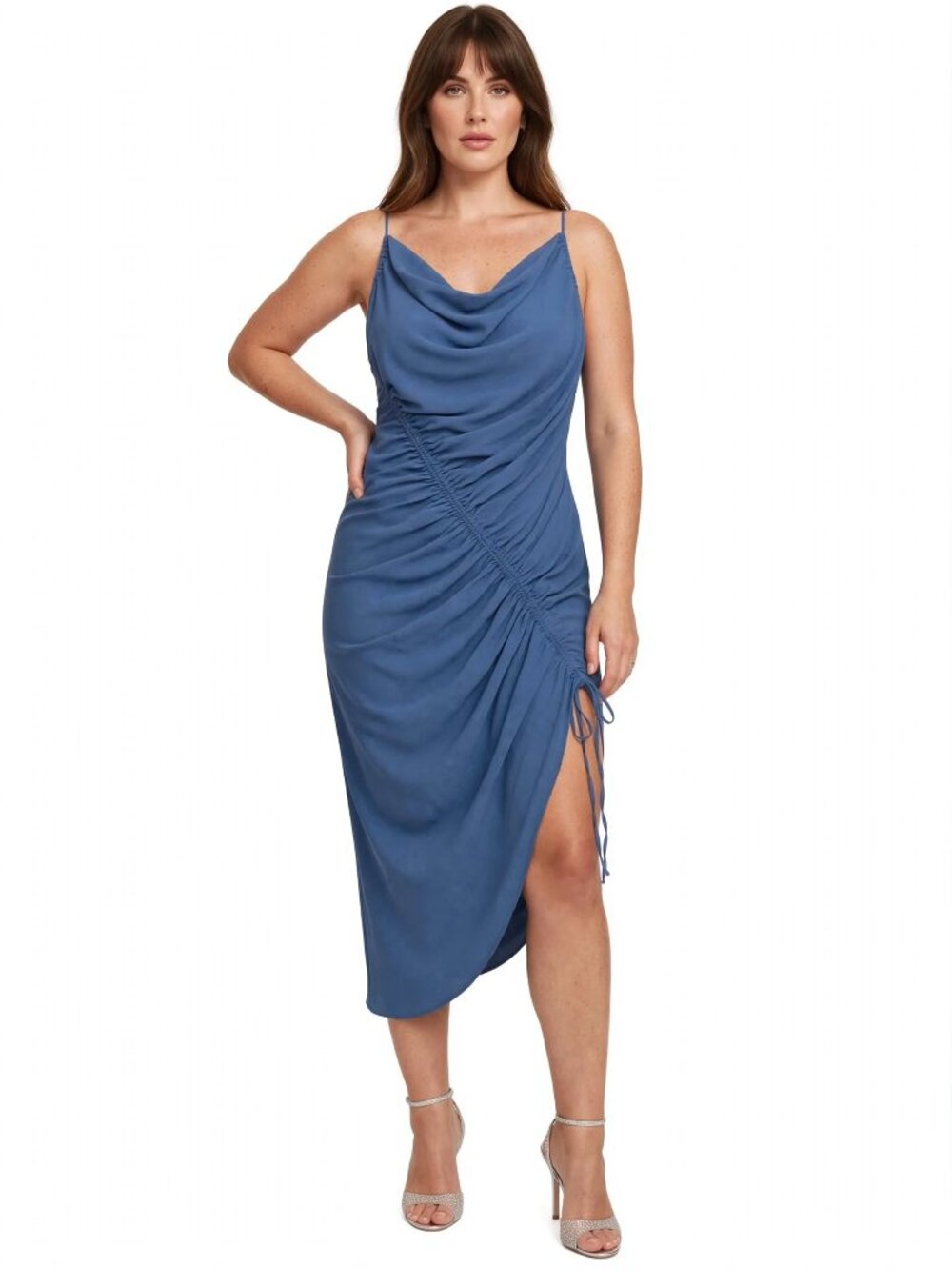 Abercrombie & Fitch Asymmetrical Ruched Cinched Midi Dress Steel Blue NWT